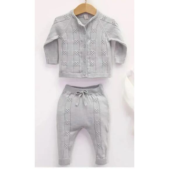 Nipperland Baby Knit Sweater & Pants Set 3–6 Months Gray Cable Outfit Unisex - Picture 1 of 4